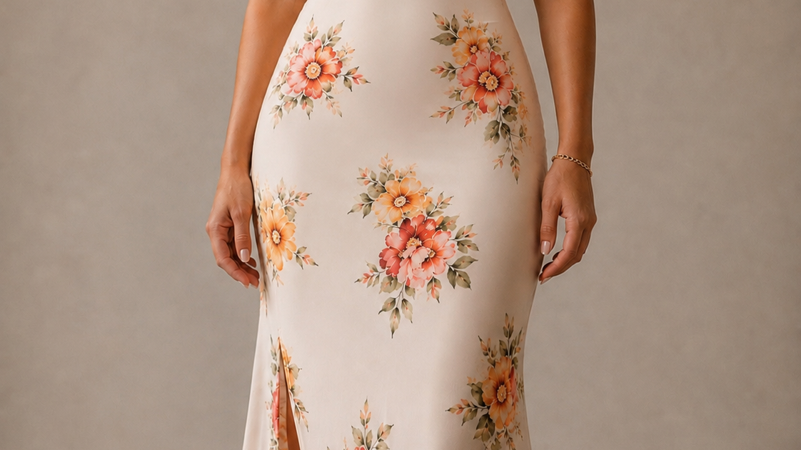 (Floral ruched dress correct fit) Woman wearing cream floral ruched maxi dress with slit showing perfect fit — how to dress for your body tips from Joyful Notion