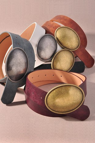 Western oval buckle leather belt