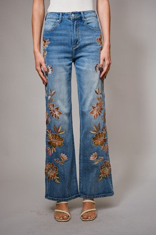 Chocolate Flowers Embroidered Jeans