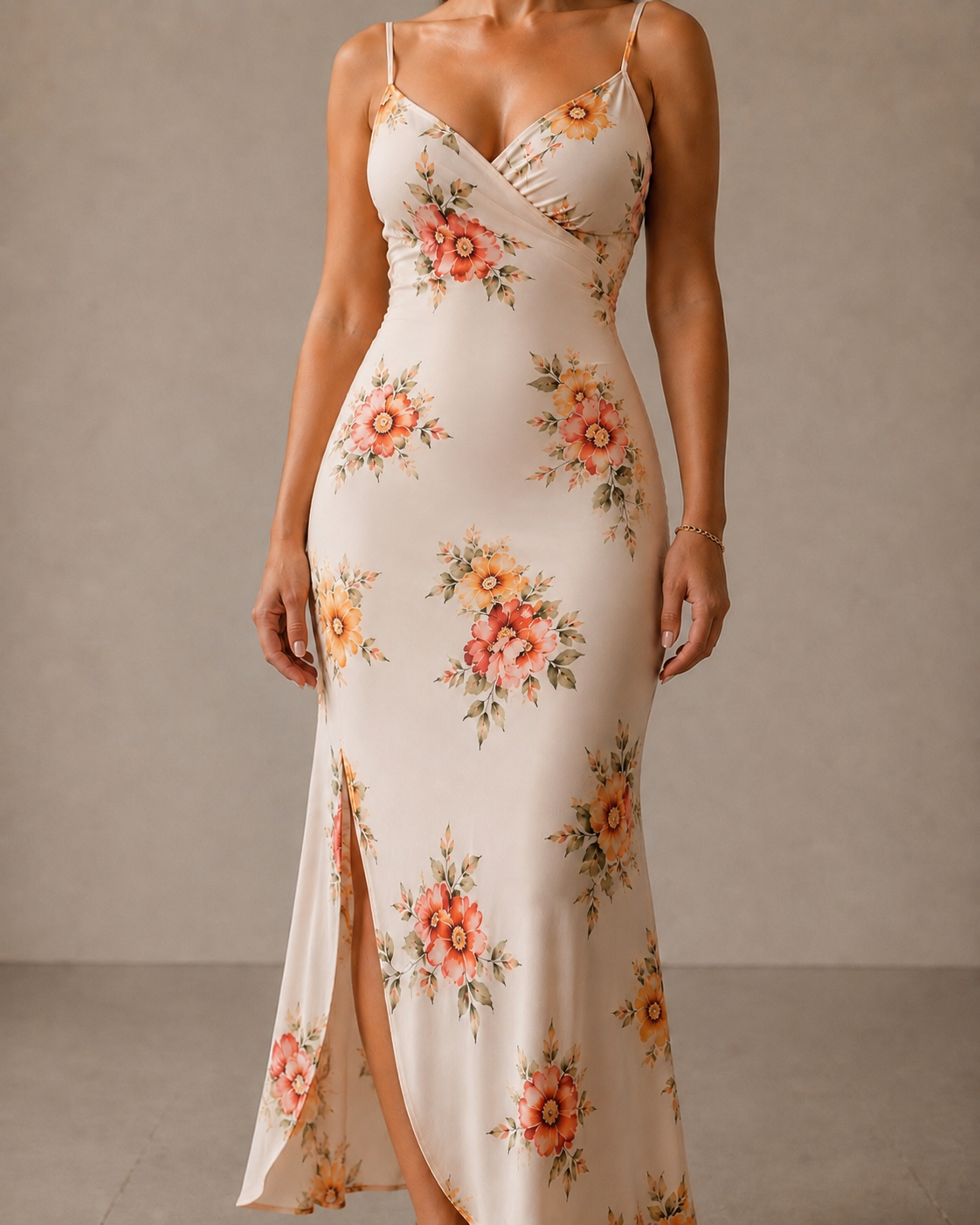 (Floral ruched dress correct fit) Woman wearing cream floral ruched maxi dress with slit showing perfect fit — how to dress for your body tips from Joyful Notion