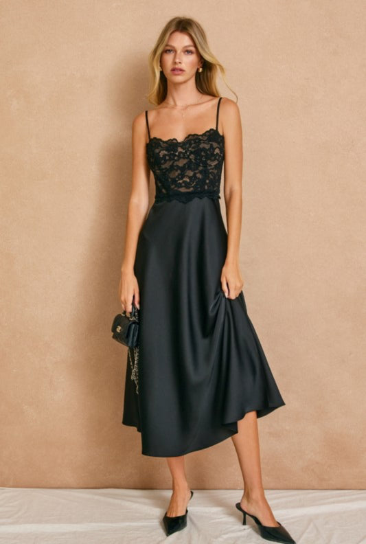 Satin and Lace Midi Dress