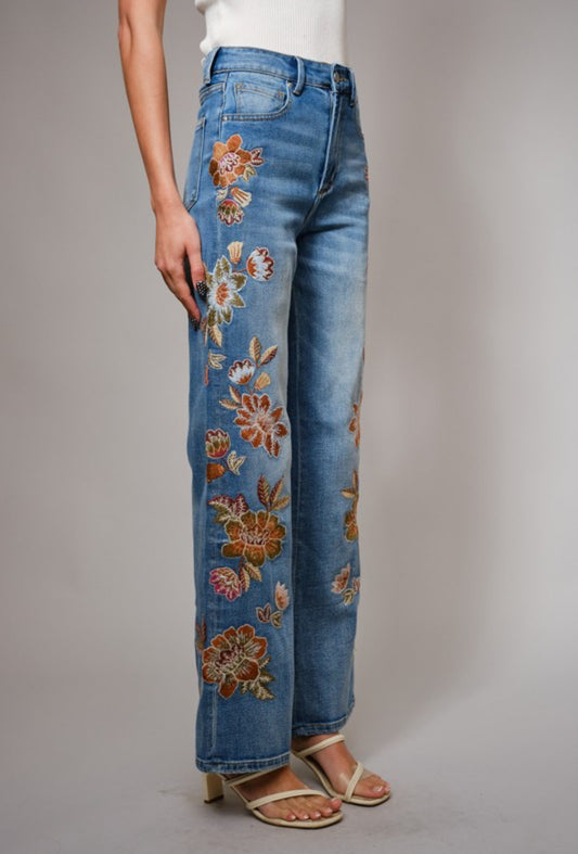 Chocolate Flowers Embroidered Jeans
