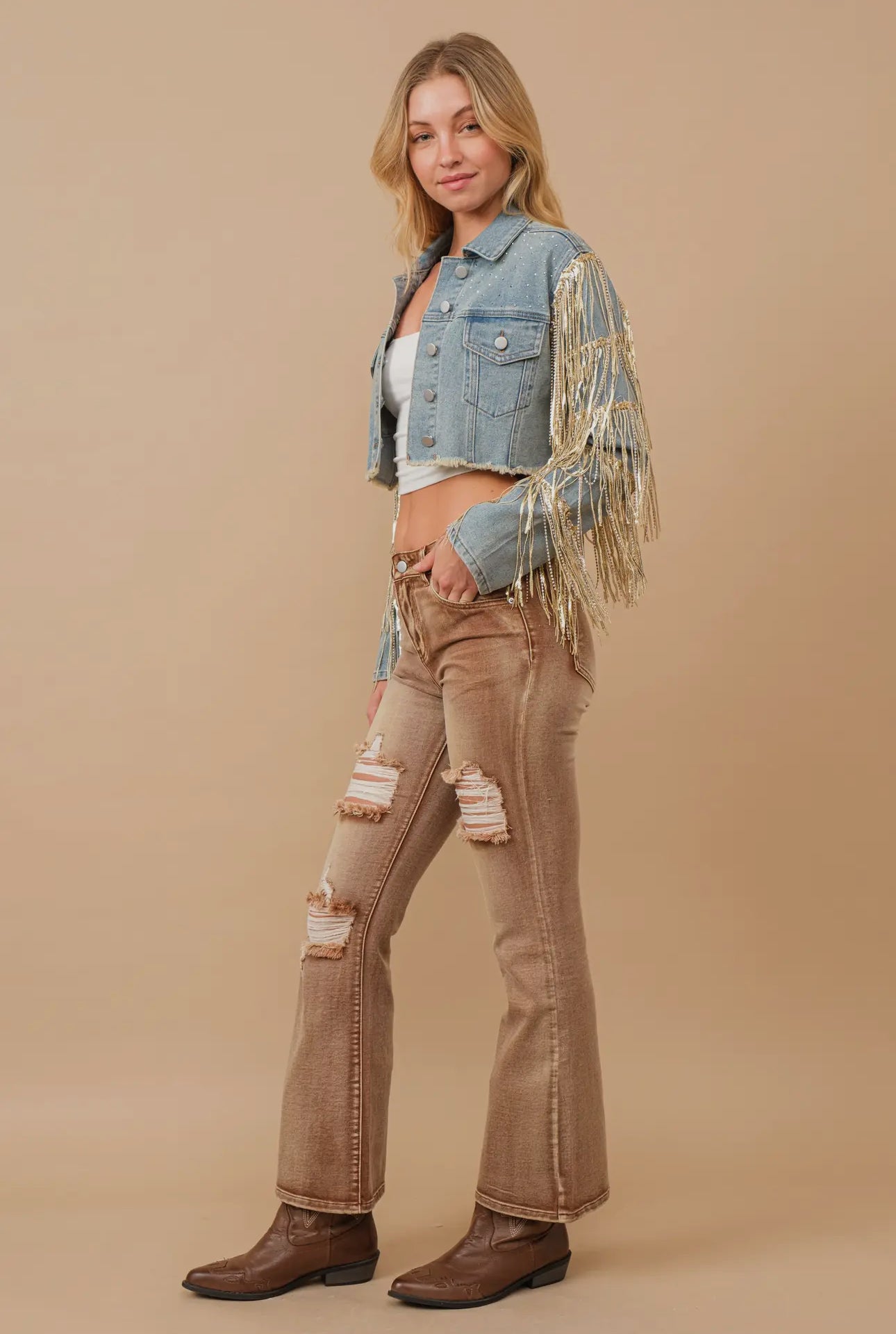 Ella Sequin Fringe Denim Jacket