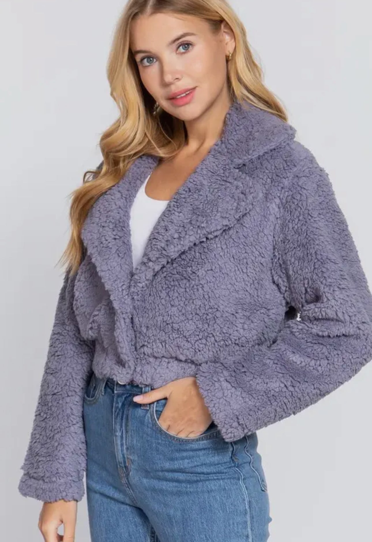 Notched collar faux fur jacket