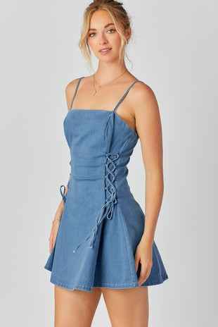 Lace up denim dress