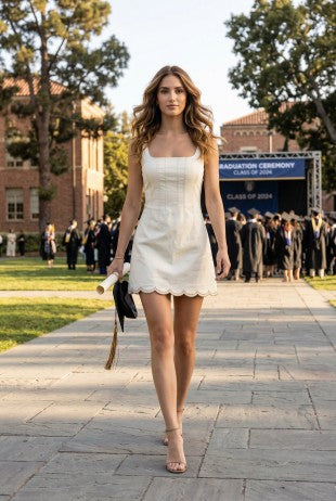 Ivory Scallop Hem Graduation Dress | White Mini Dress for Women